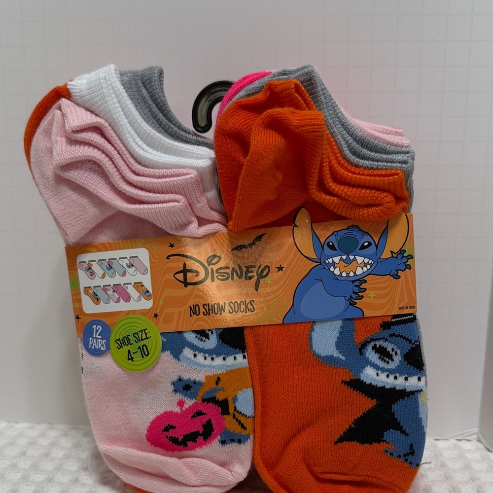 Disney Kids No Show Socks - Pink, Orange, and Gray. Stitch socks, 12 pairs.